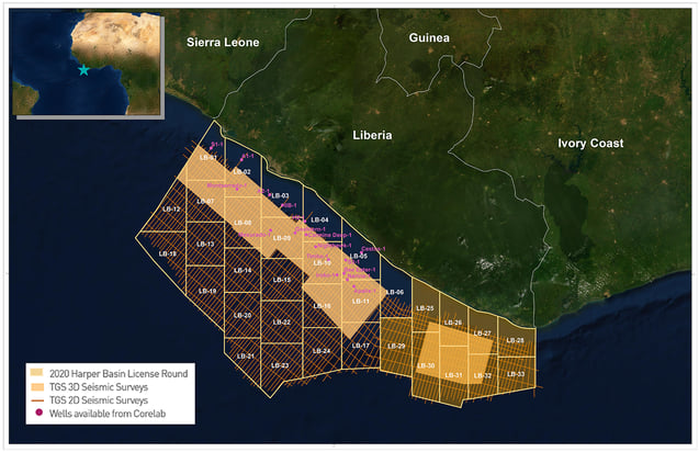 Liberia 2020 License Round Blocks Wells with legend larger copy